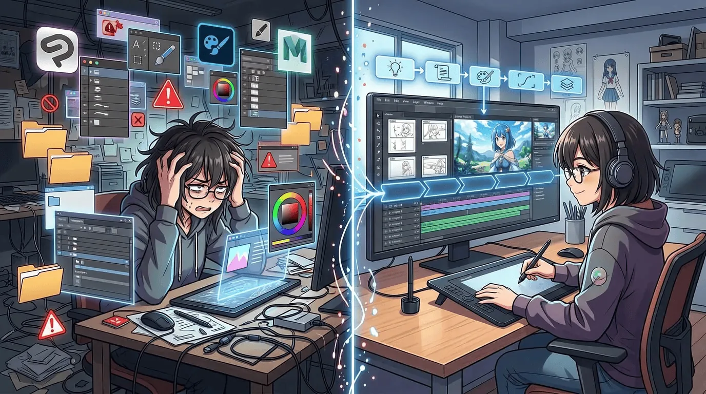 Connected AI anime short workflow from idea to final export