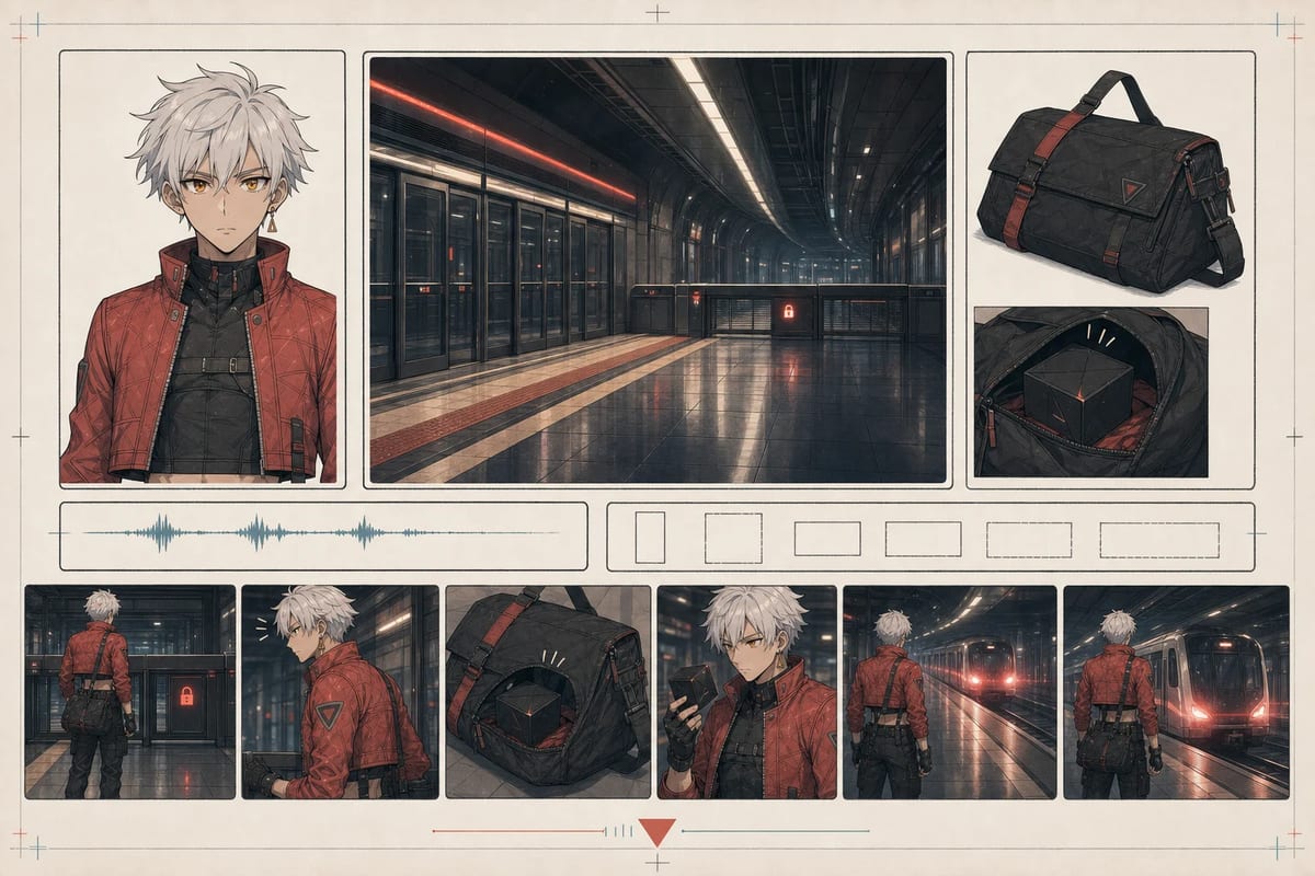AI anime generator benchmark card with a courier, platform, package, six shots, and one dialogue line
