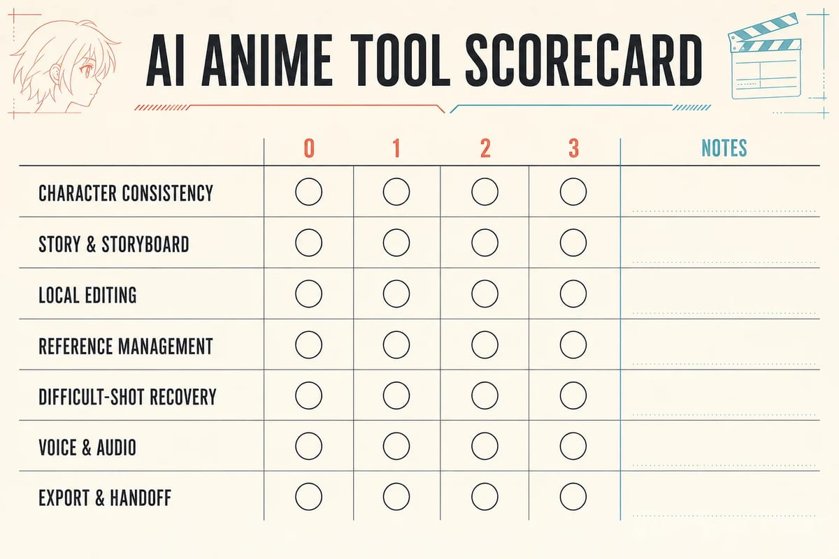 Blank seven-test scorecard for comparing AI anime generators with a shared benchmark