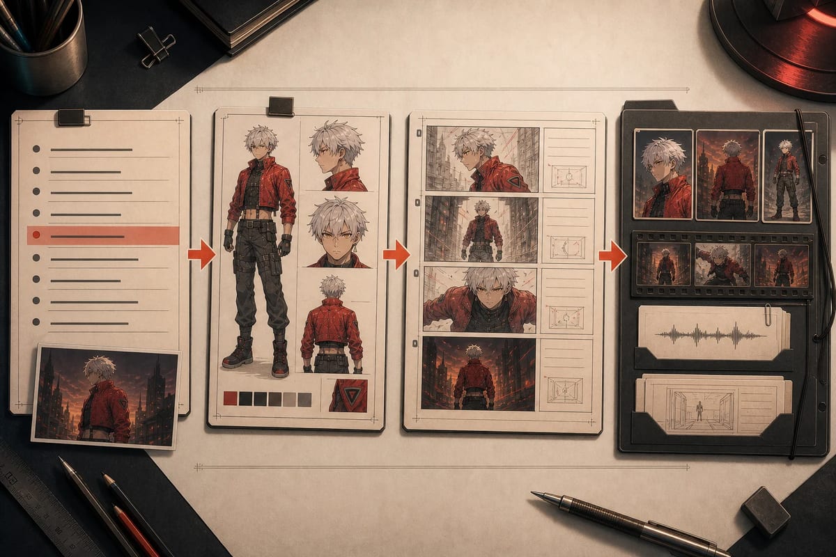 Workflow connecting a script, reusable character, storyboard, dialogue, and separate production assets