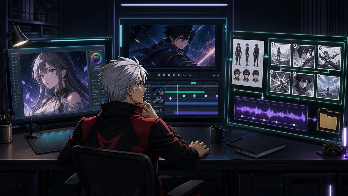Three AI anime generator tool shapes shown as image creation, clip generation, and a connected production workflow
