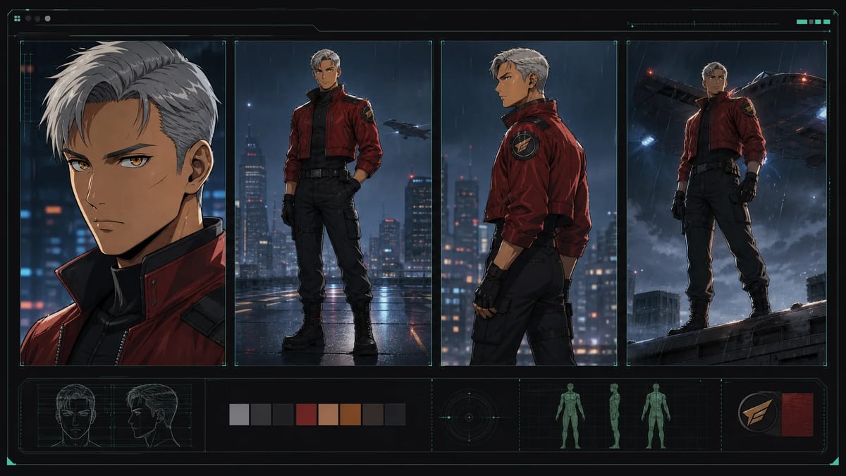 The same silver-haired anime courier reviewed across a close-up, full-body view, side angle, and final dramatic shot