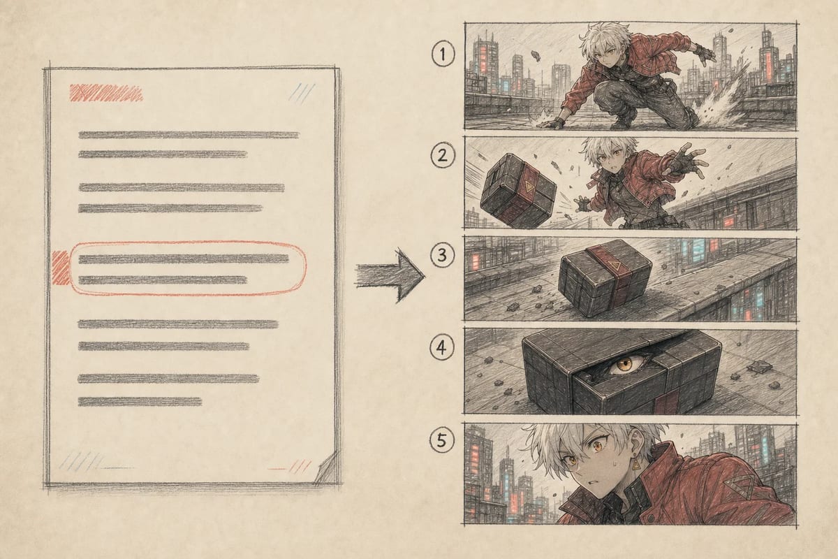 A written anime scene converted into an ordered six-shot storyboard