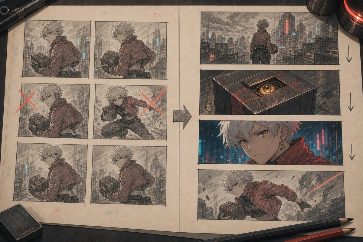 A repetitive first storyboard compared with a revised sequence using clearer shot variety