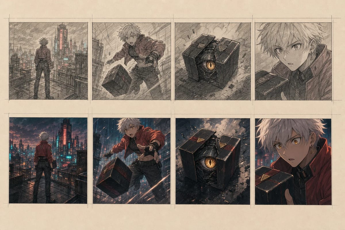 Approved storyboard panels paired with generated anime keyframes
