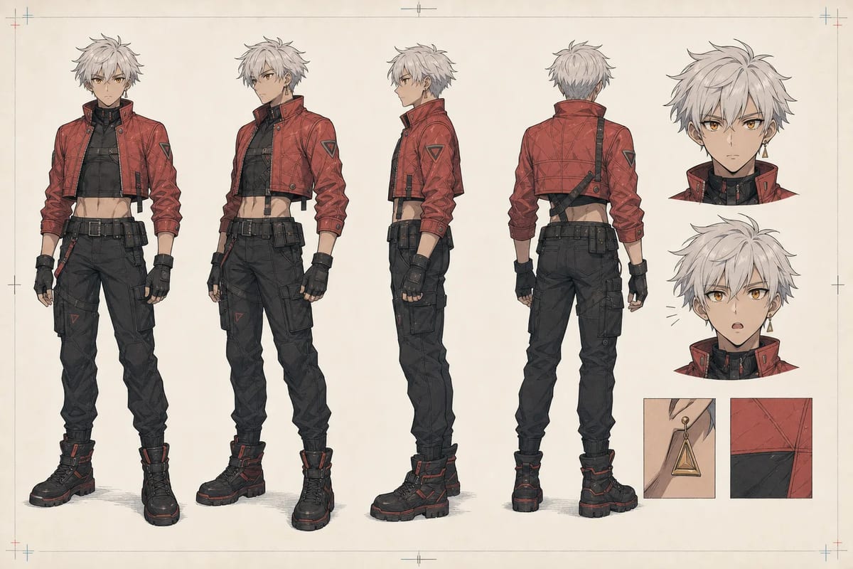 Fiche de référence d’un personnage anime IA avec vues de face, trois quarts, profil et plein pied
