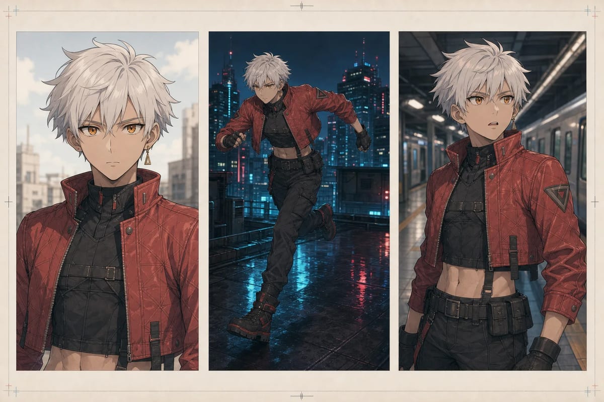 Test de cohérence d’un personnage anime IA avec gros plan, plein pied et profil