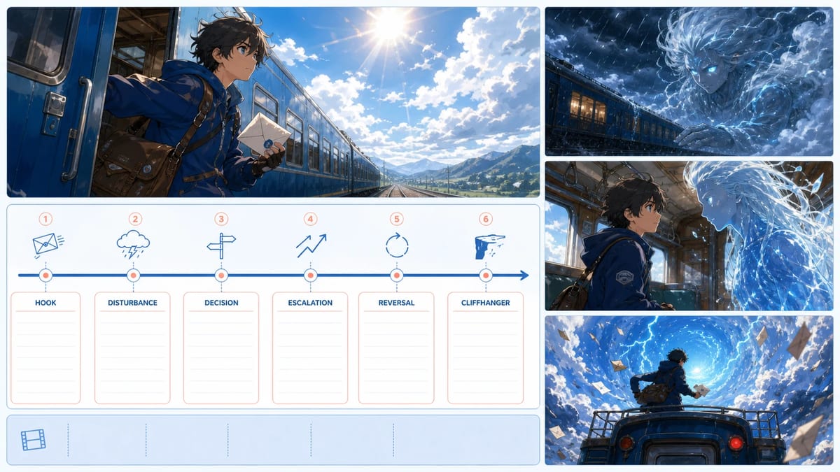 Titelbild einer Anime-Skriptvorlage mit Hook, Szenenbeats, Dialog und Cliffhanger