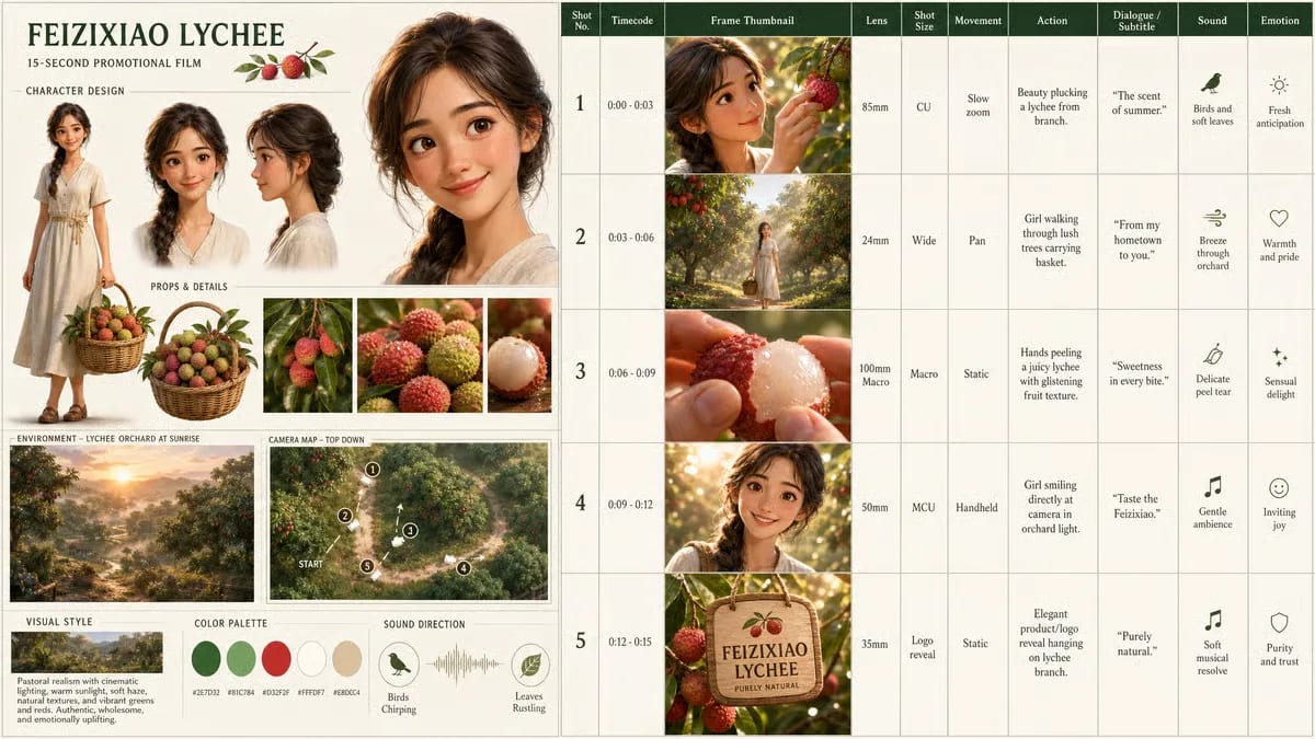 Storyboard del litchi con movimento, azione, obiettivo, ampiezza dell’inquadratura, suono e cinque momenti temporizzati