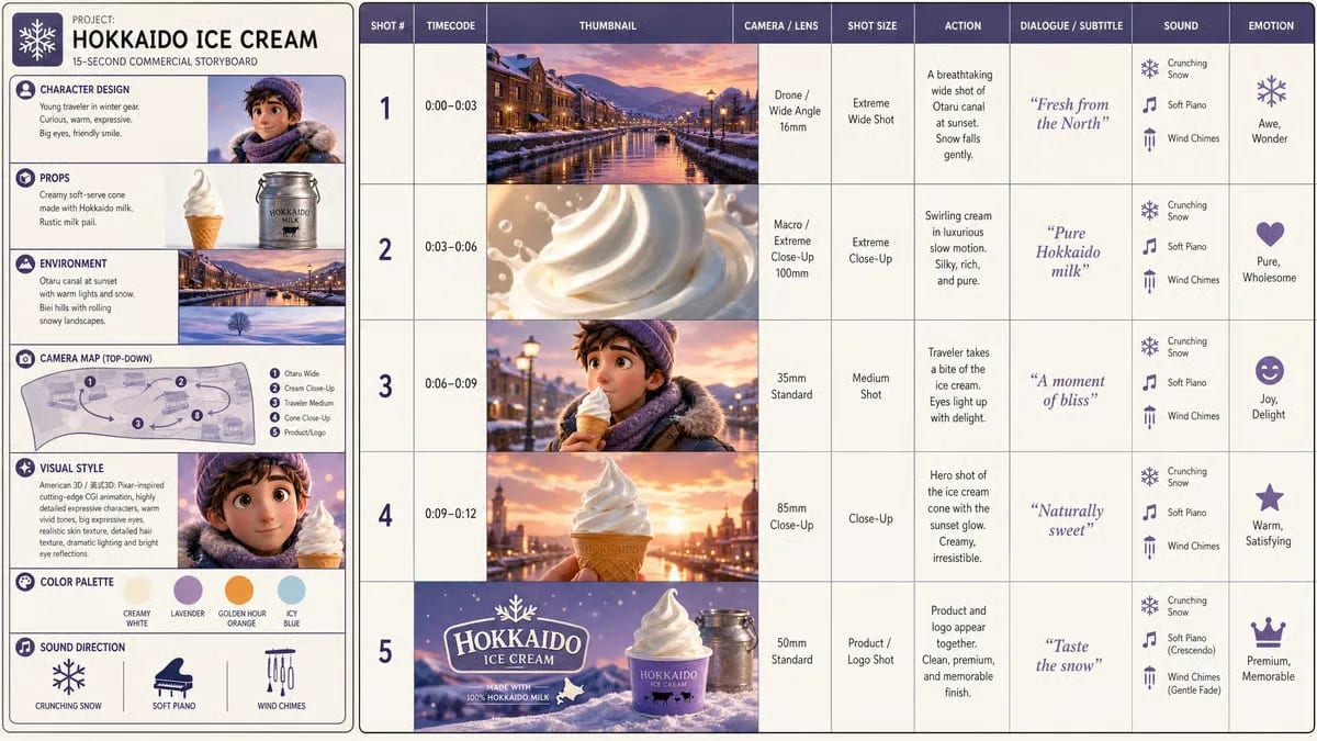Storyboard originale del gelato di Hokkaido con personaggio, prodotto, ambiente, mappa camera e cinque inquadrature temporizzate