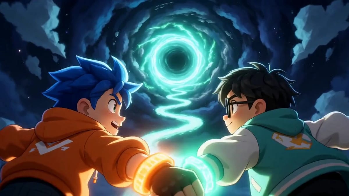 Zwei eigene Anime-Abenteurer verbinden vor einem Portal orangefarbene und mintfarbene Energie