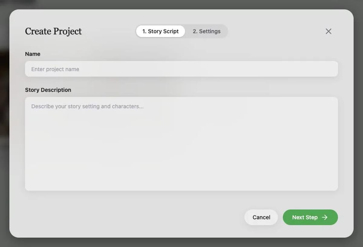 MkAnime Create Project dialog with name and story description fields