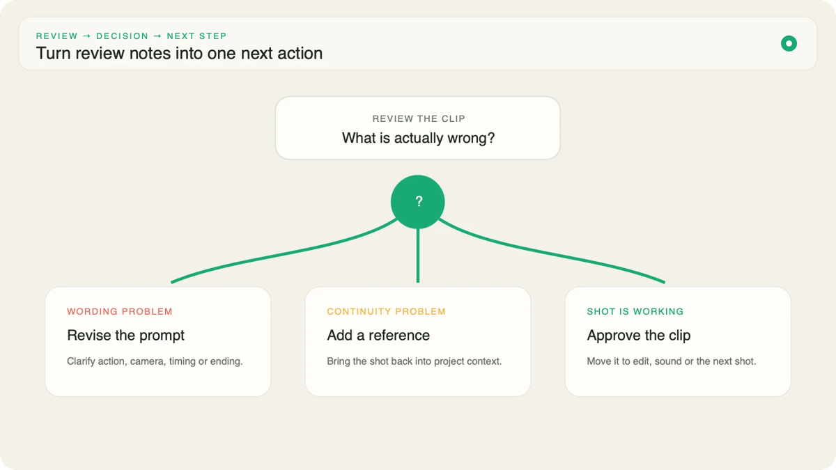 Decision tree for revising a prompt, adding project references, or approving a Seedance 2.5 clip