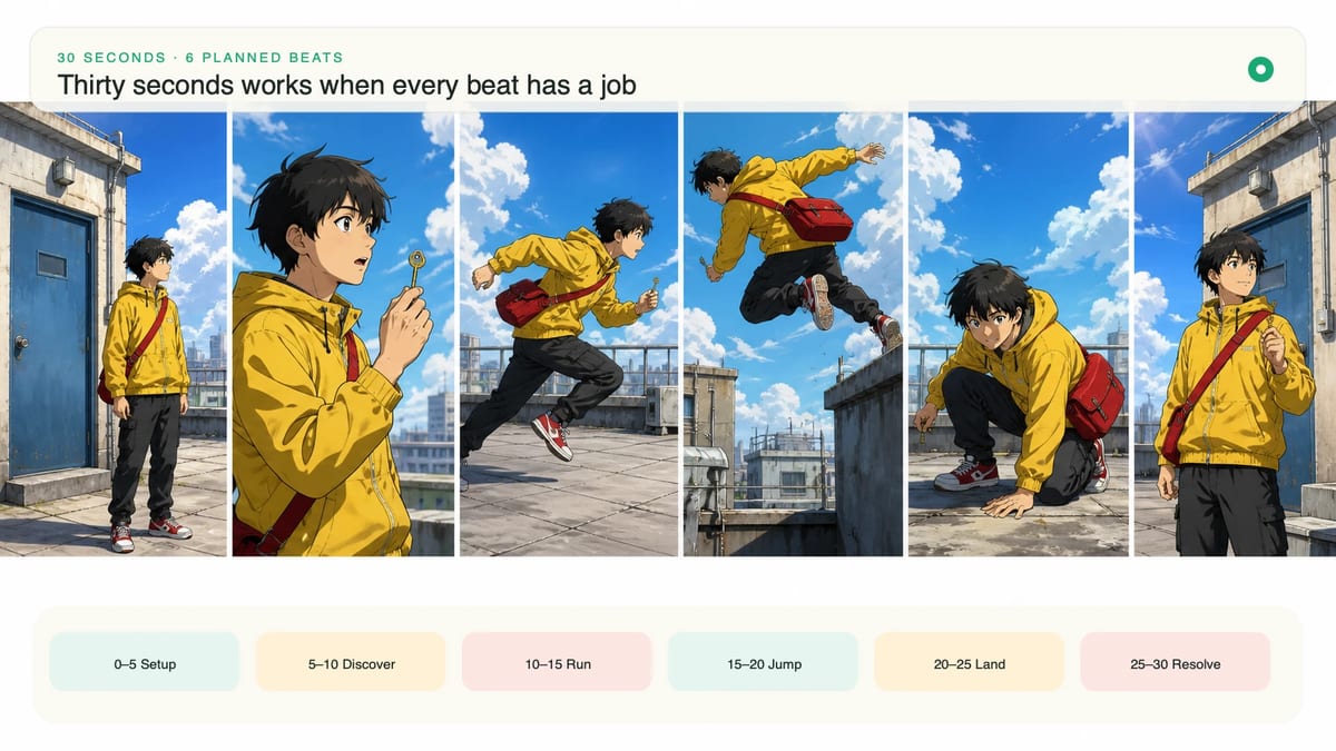 Six planned beats across a 30-second rooftop courier scene, from setup to resolved final frame