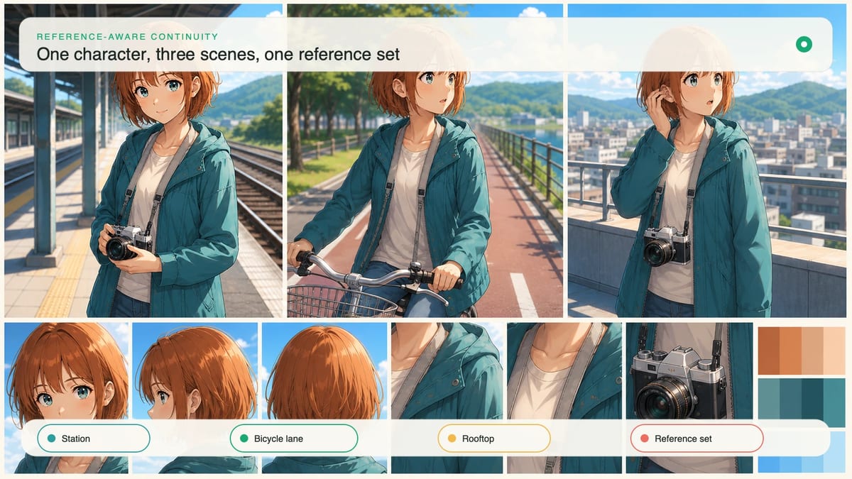 One copper-haired anime heroine kept consistent across a station, bicycle lane, and rooftop with a compact reference set