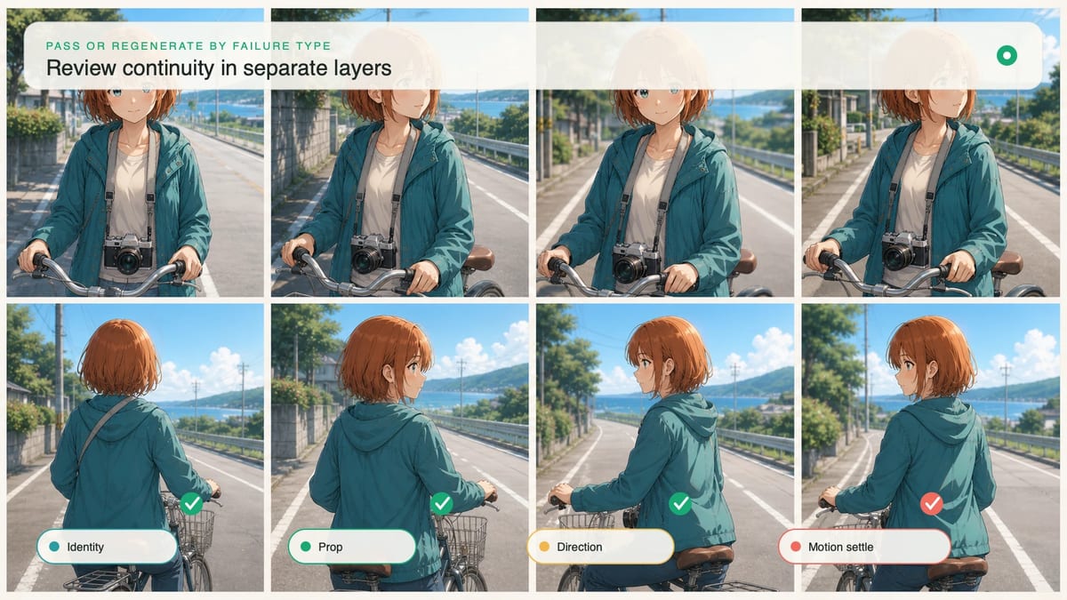 Layered continuity review for identity, prop placement, direction, and motion settle in a referenced anime shot