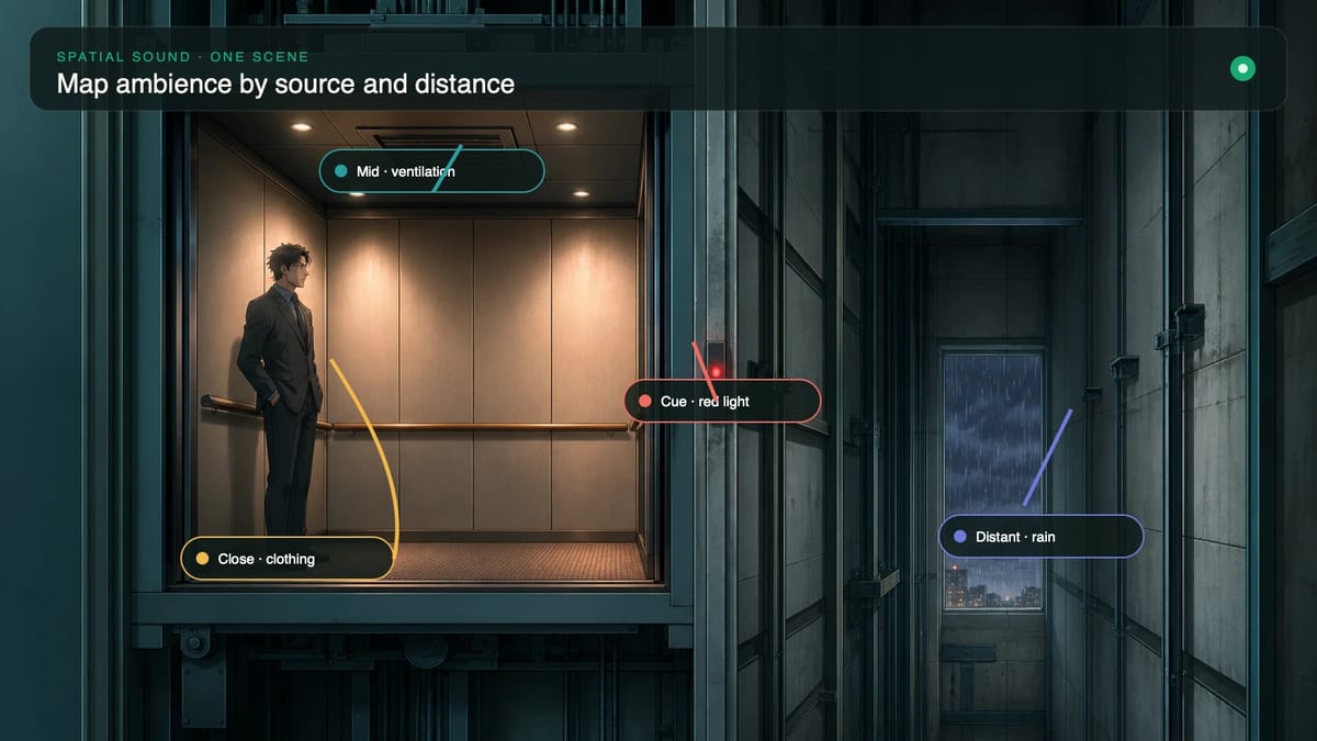 Elevator cutaway mapping close clothing sound, ventilation, distant rain, and a red light cue