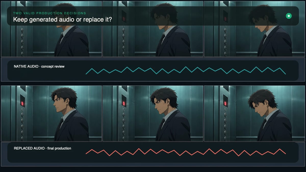 Matched elevator frames comparing generated native audio for concept review with replaced audio for final production