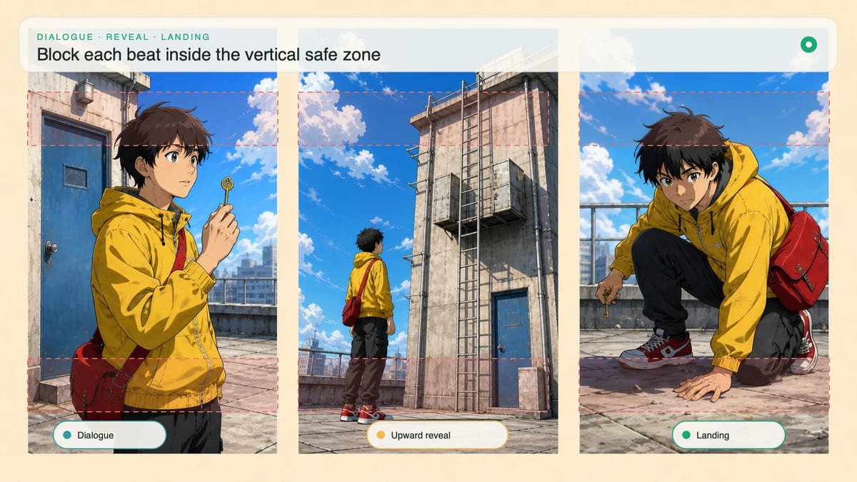 Three vertical storyboard frames for dialogue, upward reveal, and landing with overlay-risk bands