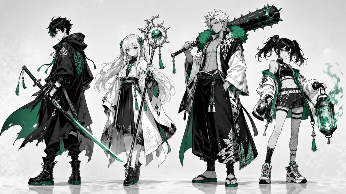 Four original manga-style characters in black, white, and green ink: a hooded swordsman, a long-haired girl with a staff, a tall fighter with a spiked club, and a girl holding a green lantern