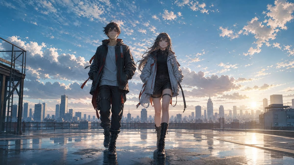 Two anime characters walking side by side across a wet rooftop toward the camera, with a city skyline and a bright sky behind them
