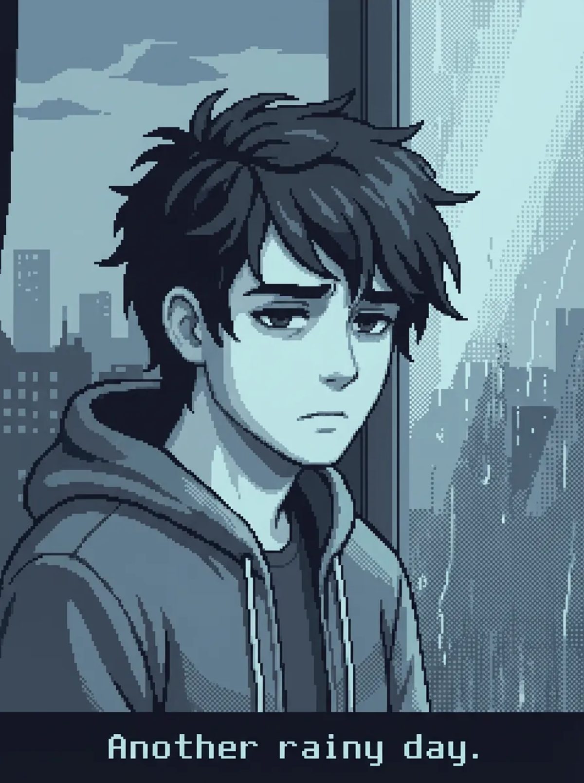 Style Picker preview of the Pixel preset: a pixel-art anime boy in a grey hoodie looking out at a rainy city