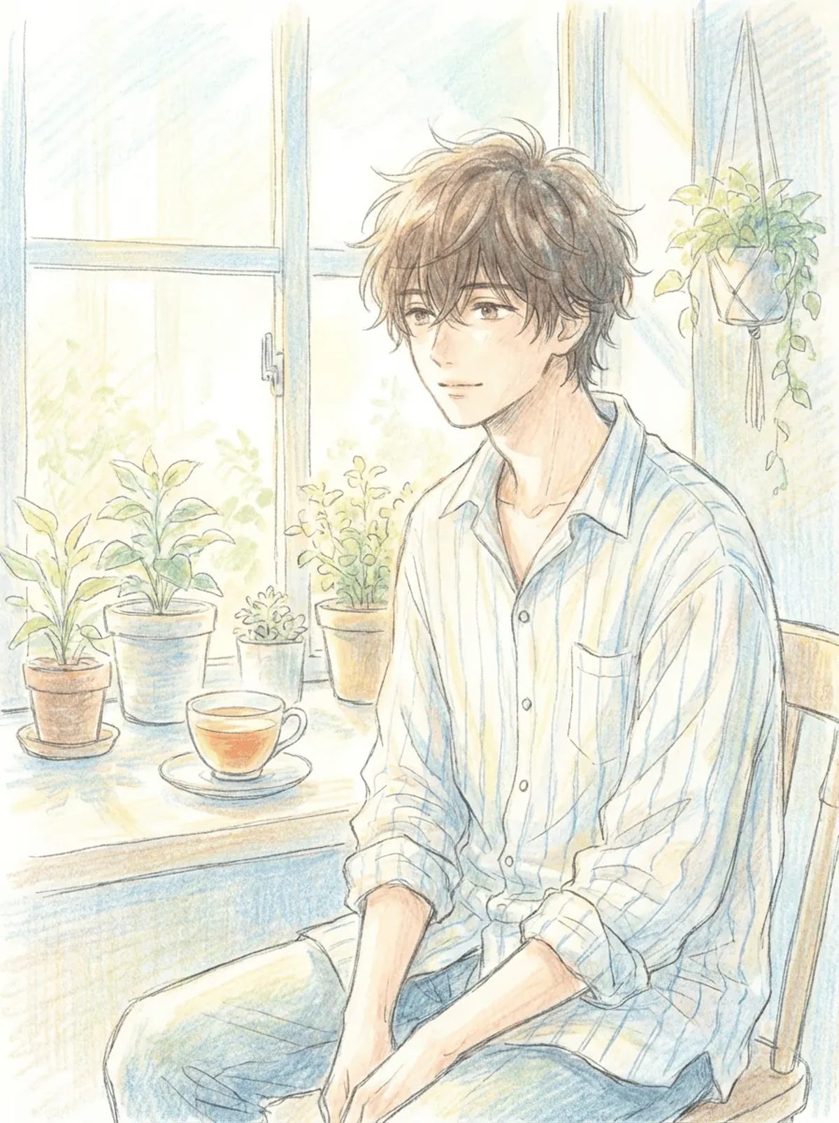 Style Picker preview of the Airy Colored Pencil preset: a soft, hand-drawn anime illustration with loose pencil texture