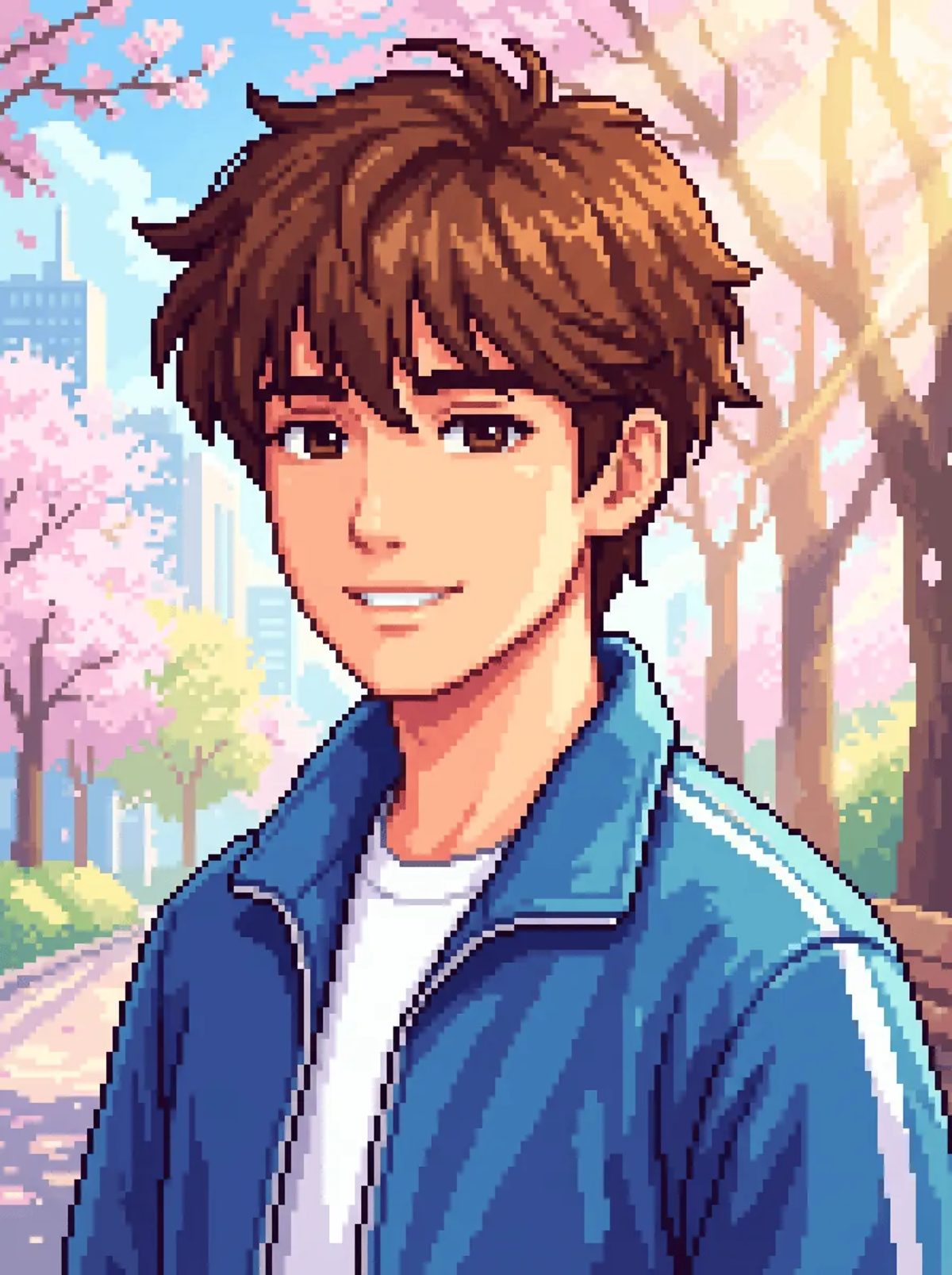 Style Picker preview of the Raster Pixel Art preset: a pixel-art anime boy in a blue track jacket under cherry blossoms