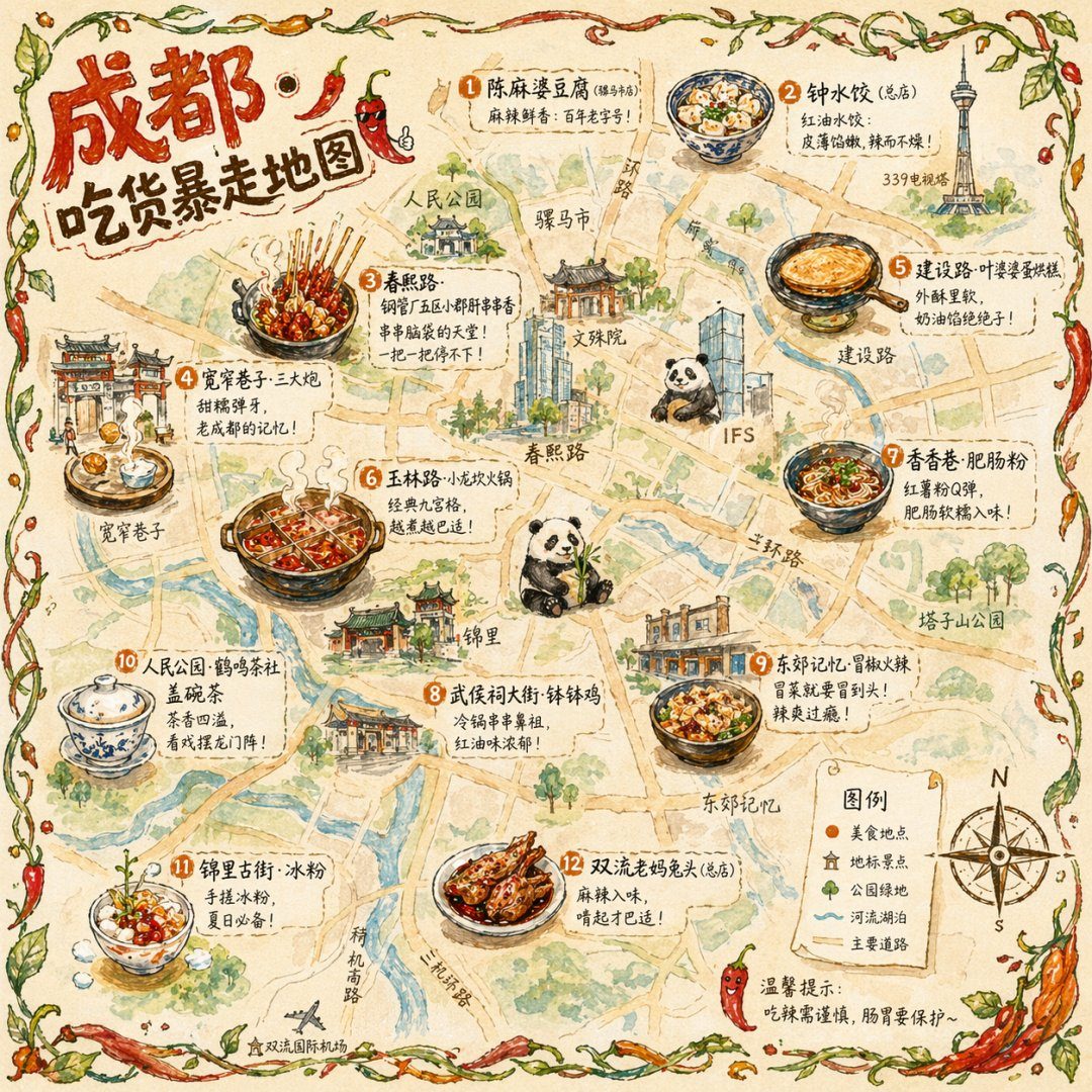 Illustration de carte gastronomique de Chengdu - exemple de prompt GPT Image 2