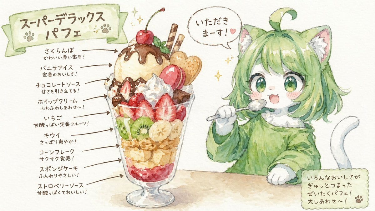 Character Eating Parfait with Annotations - GPT Image 2 prompt example