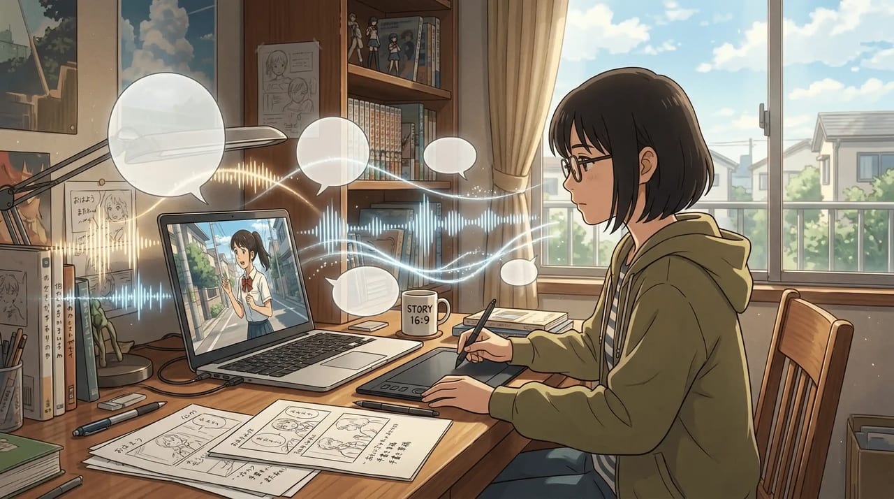 MkAnime AI-Anime-Lippensynchronisations-Workflow, der generierte Dialog-Audiodaten innerhalb des Projekts zeigt