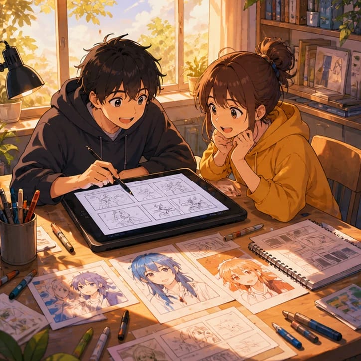 Visuel de studio créatif anime chaleureux pour les outils de production anime IA de MkAnime
