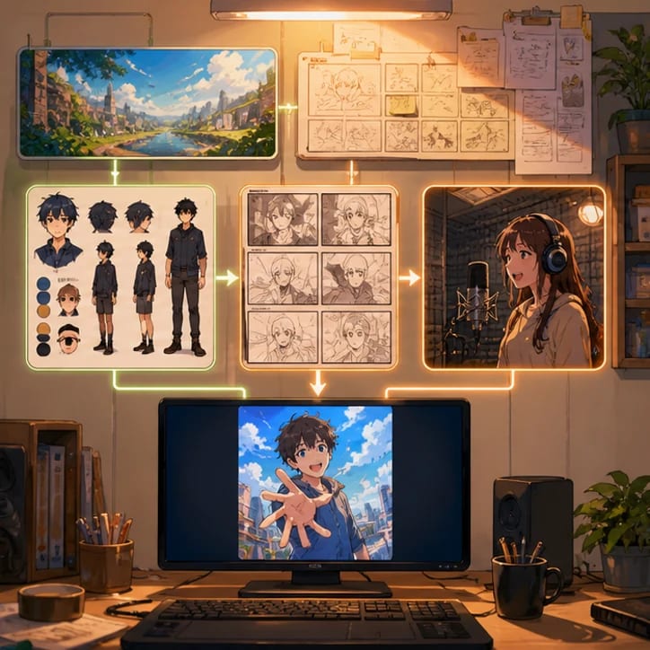 Visuel anime chaleureux montrant un workflow connecté entre histoire, personnages, storyboard, doublage et export