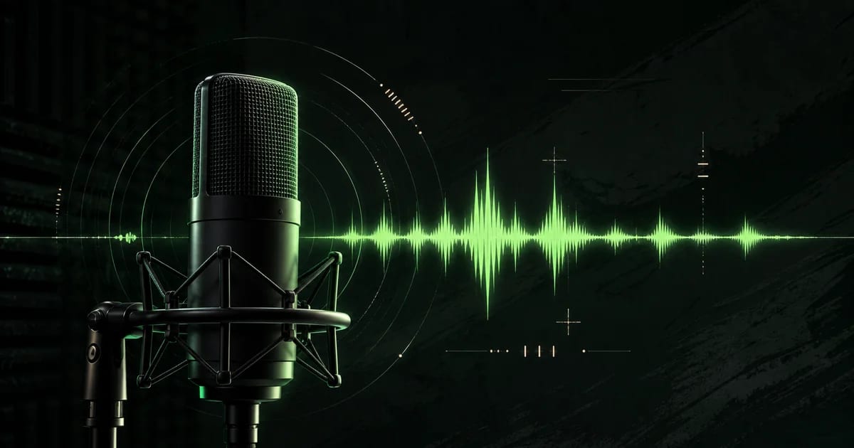 アニメ音声生成を表すスタジオマイクと緑の音声波形