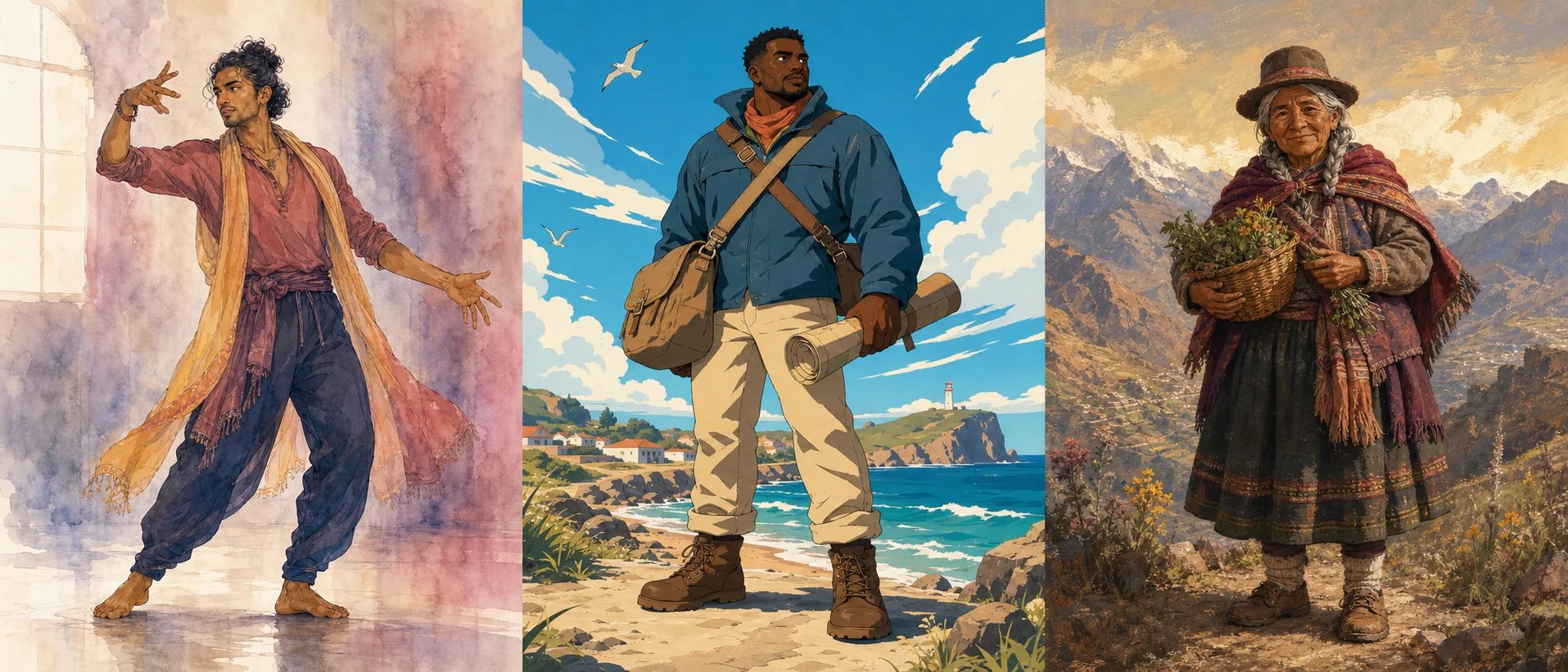 Drei originelle Anime-Figuren in Aquarell, kräftigem Cel-Shading und malerischer Illustration