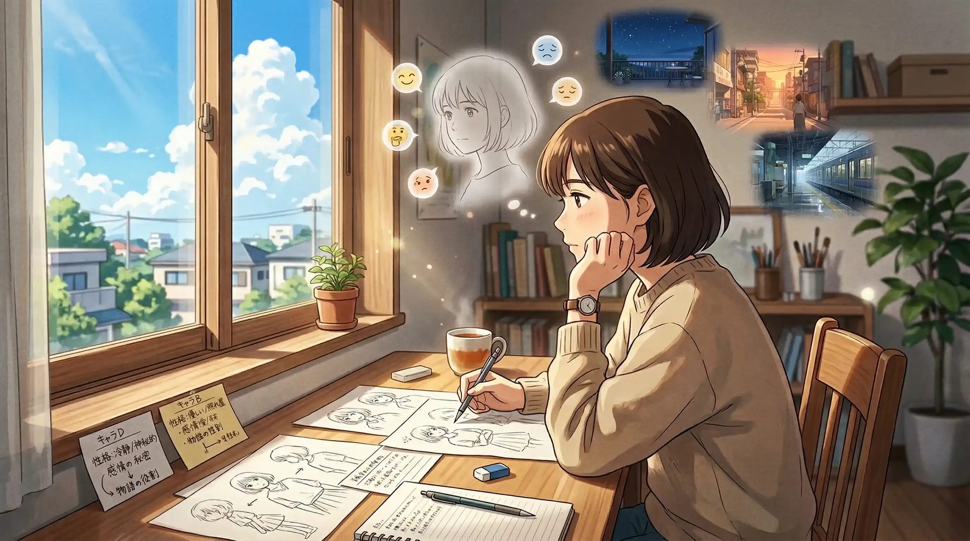 Anime-Künstler plant an einem Zeichentisch eine Charakterbeschreibung, Kostümdetails, Ausdrücke und Szenenreferenzen