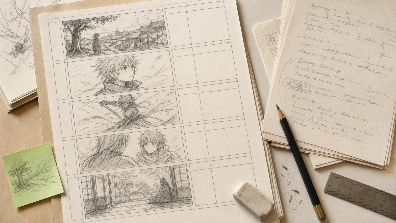 Pagina manga in bianco e nero con quattro vignette per l'AI Anime Script Generator