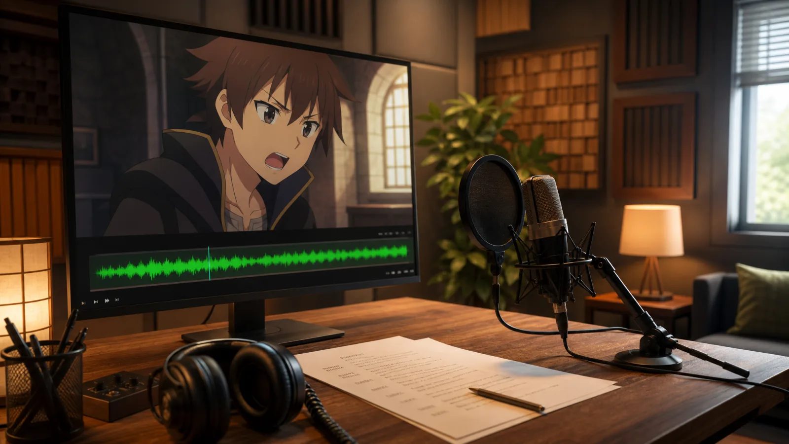 Editorial artwork of a dubbing studio with a video frame and green dialogue waveform