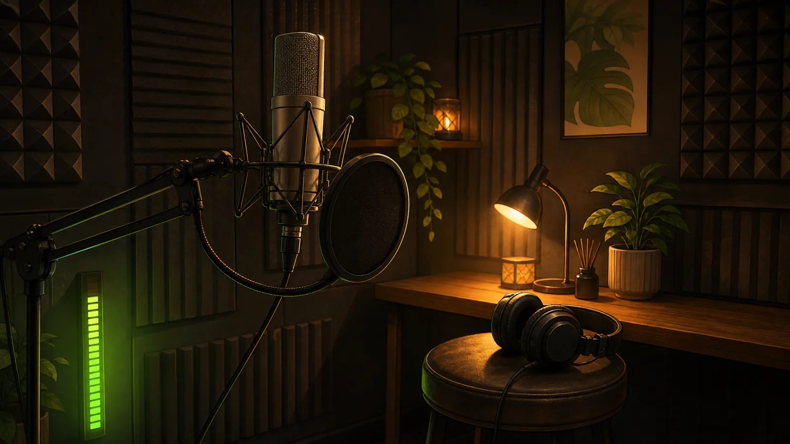 Poster bicolore di un personaggio che parla in un microfono da studio accanto a un'onda audio
