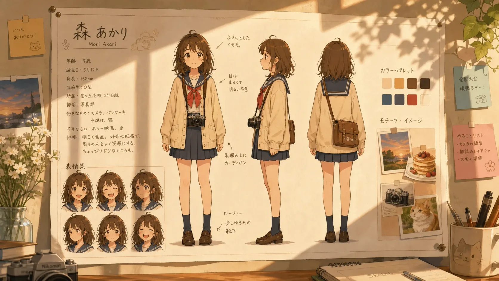 Front, three-quarter, and side reference views of the same botanical archivist character