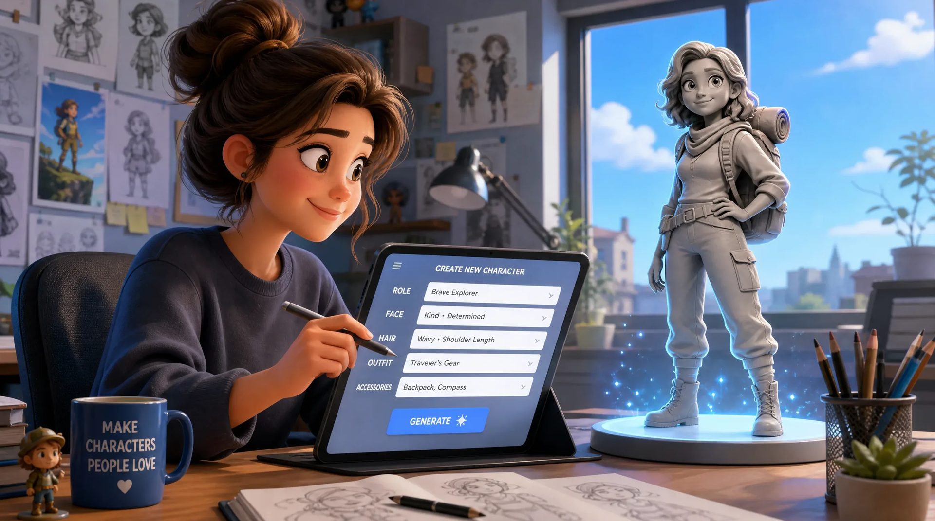 Anime artist planning a character brief, costume details, expressions, and scene references at a drawing desk