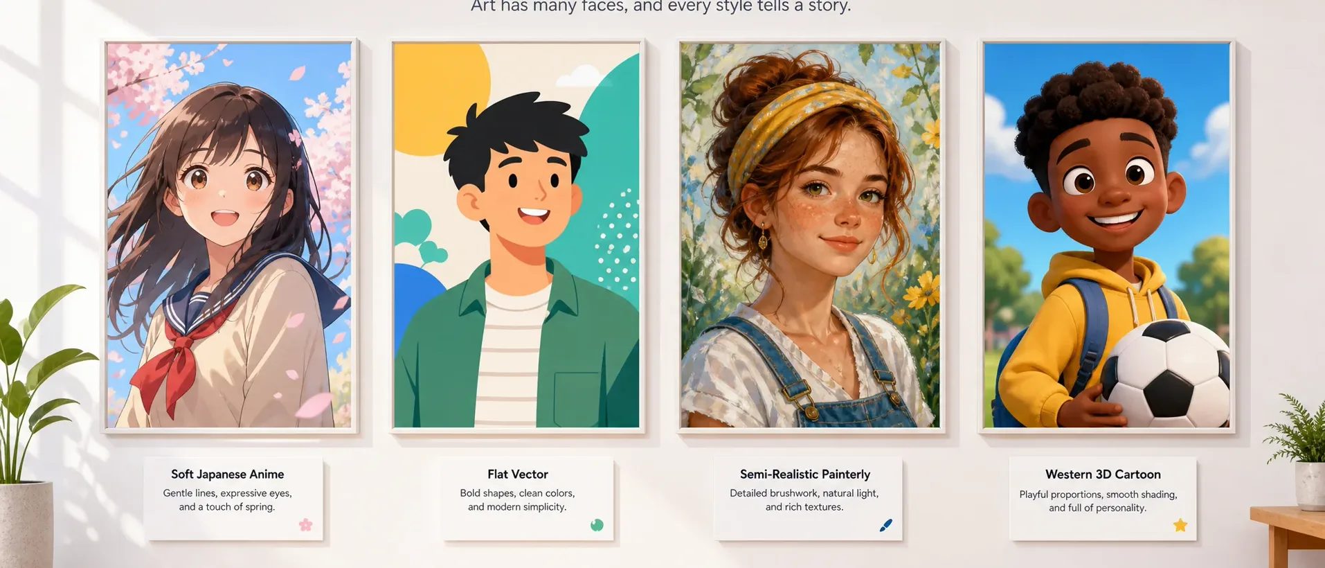 Three original anime characters rendered in watercolor, bold cel-shaded, and painterly illustration styles