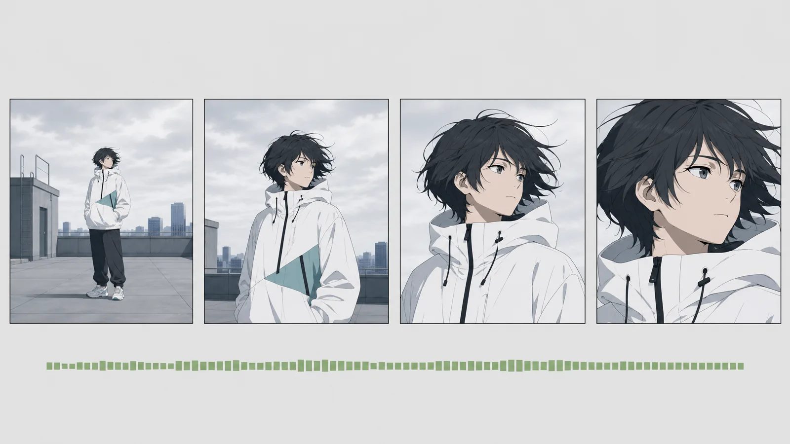 Sequenza anime in quattro fotogrammi con traccia audio sotto, generata dal Seedance 2.5 Video Generator
