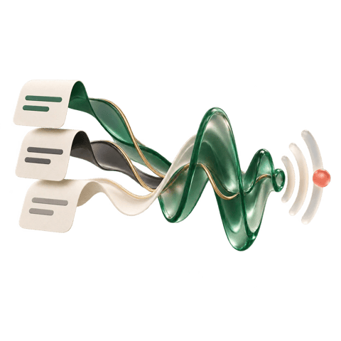 Abstract paper strips flowing into an emerald speech waveform.