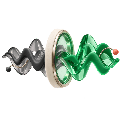 Charcoal and emerald audio waveforms passing through a replacement gate.