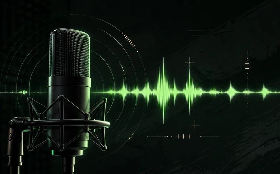 A studio microphone in front of a glowing green voice waveform