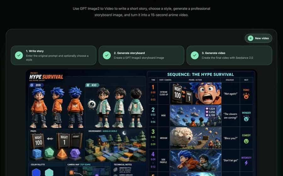 MkAnime GPT Image2 to Video tool showing a storyboard board with character designs, props, a camera map, and a five-shot table