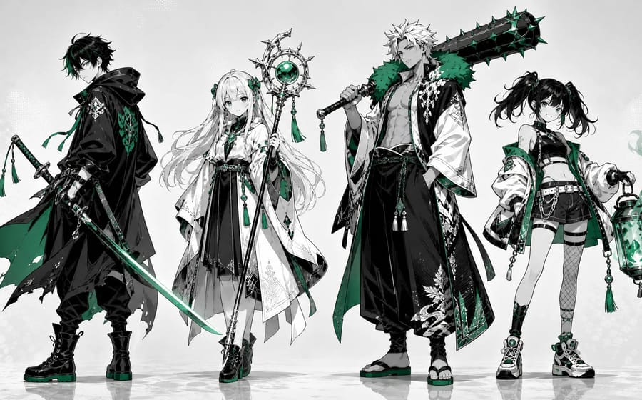 Four original manga-style characters in black, white, and green ink: a hooded swordsman, a long-haired girl with a staff, a tall fighter with a spiked club, and a girl holding a green lantern