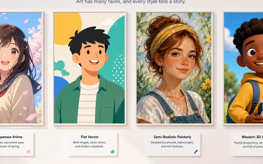 Three original anime characters rendered in watercolor, bold cel-shaded, and painterly illustration styles