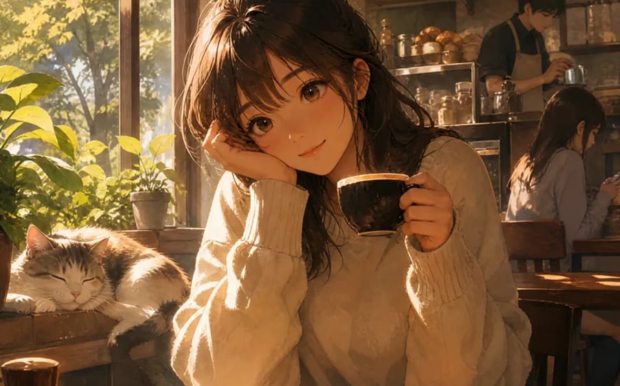 Anime woman in a cream sweater resting her cheek on her hand in a sunlit cafe, holding a cup of coffee